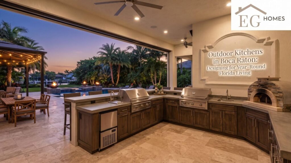 Luxury outdoor kitchen in a Boca Raton backyard with covered pergola and grill island