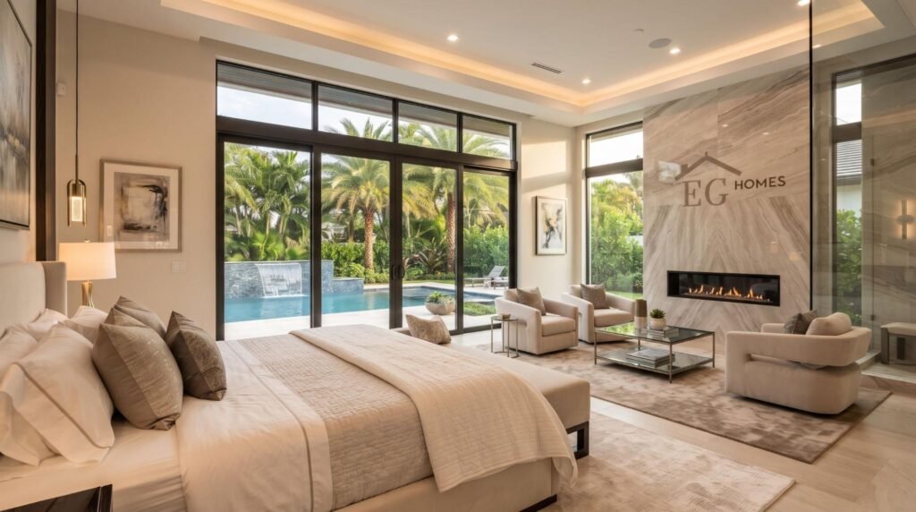 Master suite addition in a Boca Raton home with vaulted ceiling, impact windows and patio access