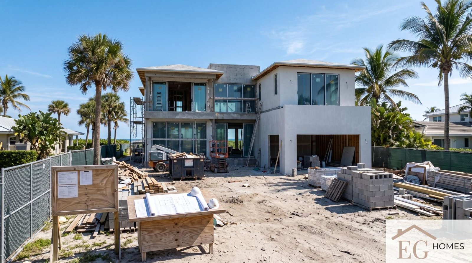 Waterfront estate under construction in Gulf Stream, FL during the building permit process