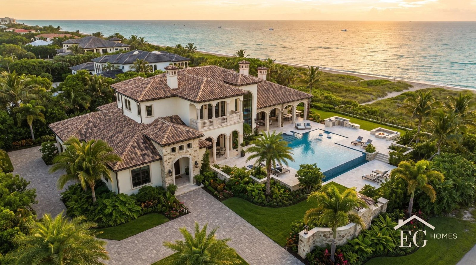 Gulf Stream Bermuda-style custom home with white tile roof beneath the Australian pine canopy on A1A in Gulf Stream FL