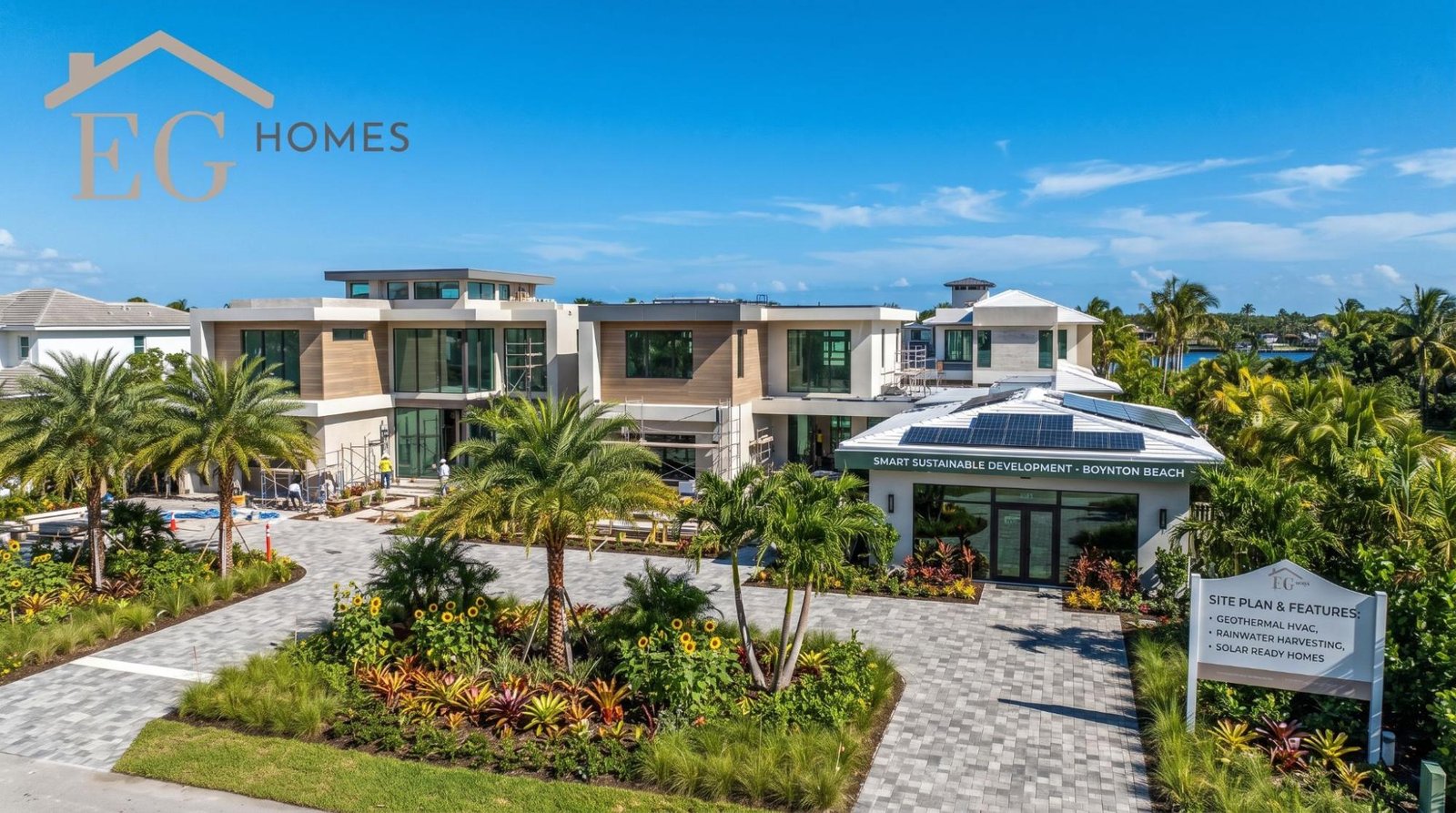 home under construction in Boynton Beach, Florida with palm trees and clear sky.