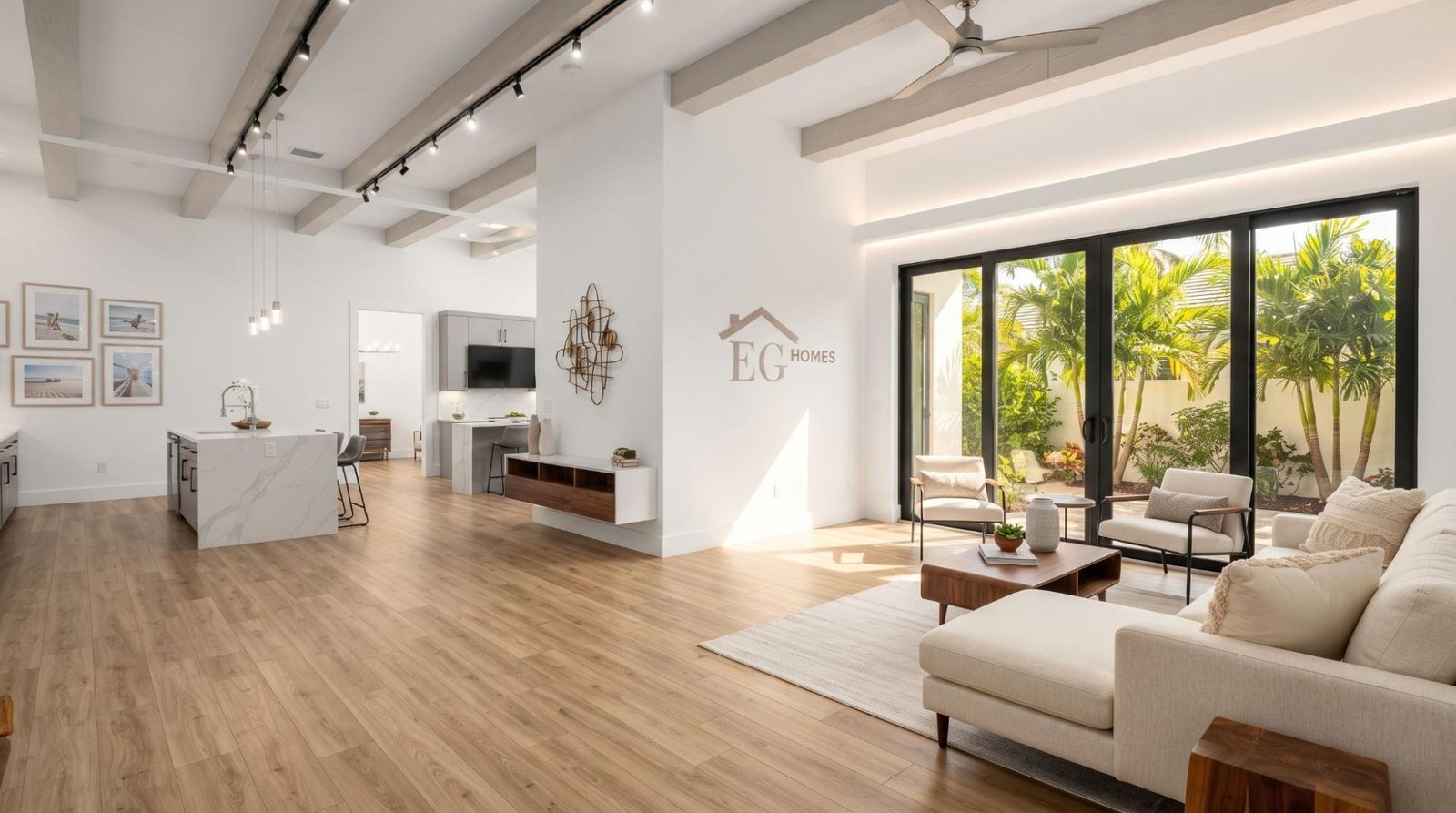 Converted two-car garage in Boynton Beach, FL, remodeled into a bright family room with impact-rated French doors