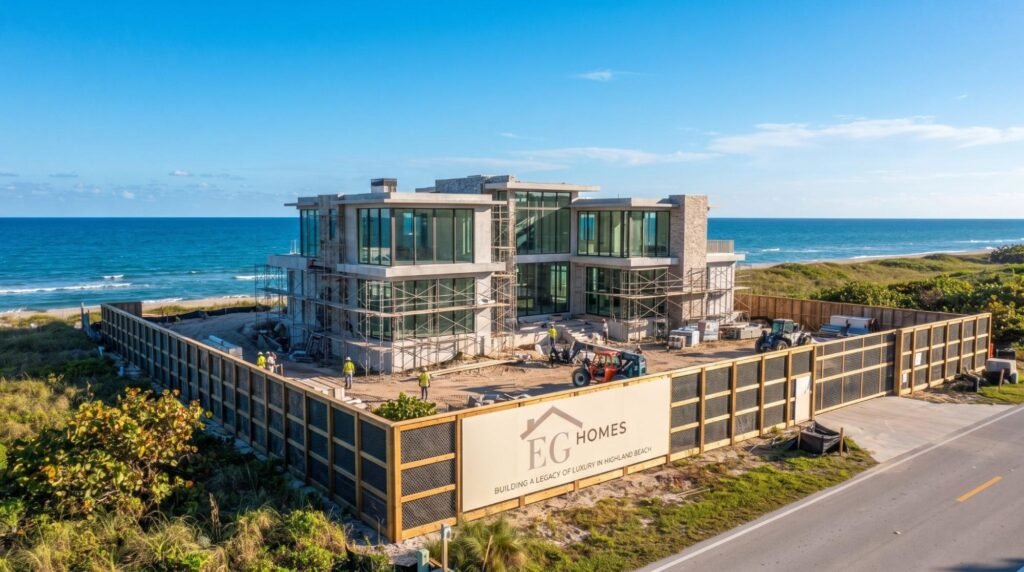 Custom oceanfront home under construction in Highland Beach, Florida with hurricane-proof impact windows and elevated coastal foundation