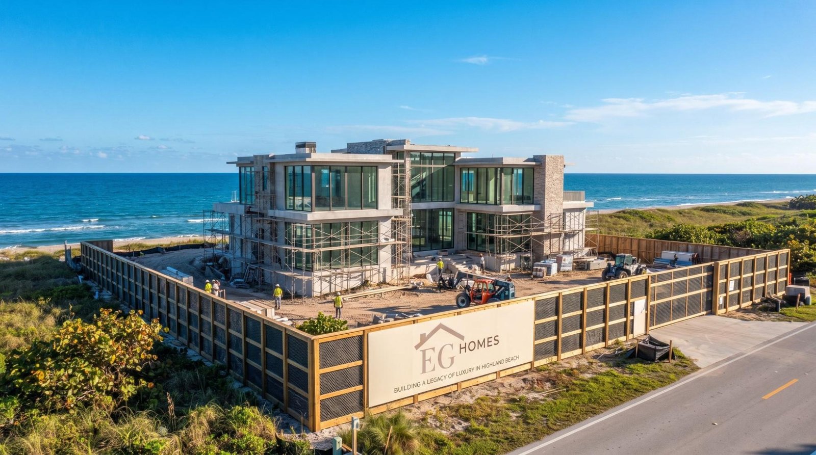 Custom oceanfront home under construction in Highland Beach, Florida with hurricane-proof impact windows and elevated coastal foundation