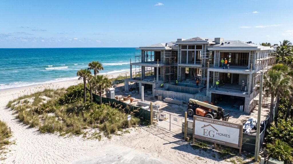 Oceanfront home under construction on pilings along A1A in Ocean Ridge, Florida