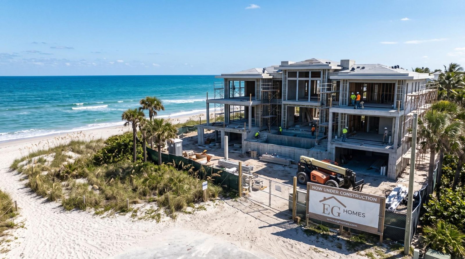 Oceanfront home under construction on pilings along A1A in Ocean Ridge, Florida
